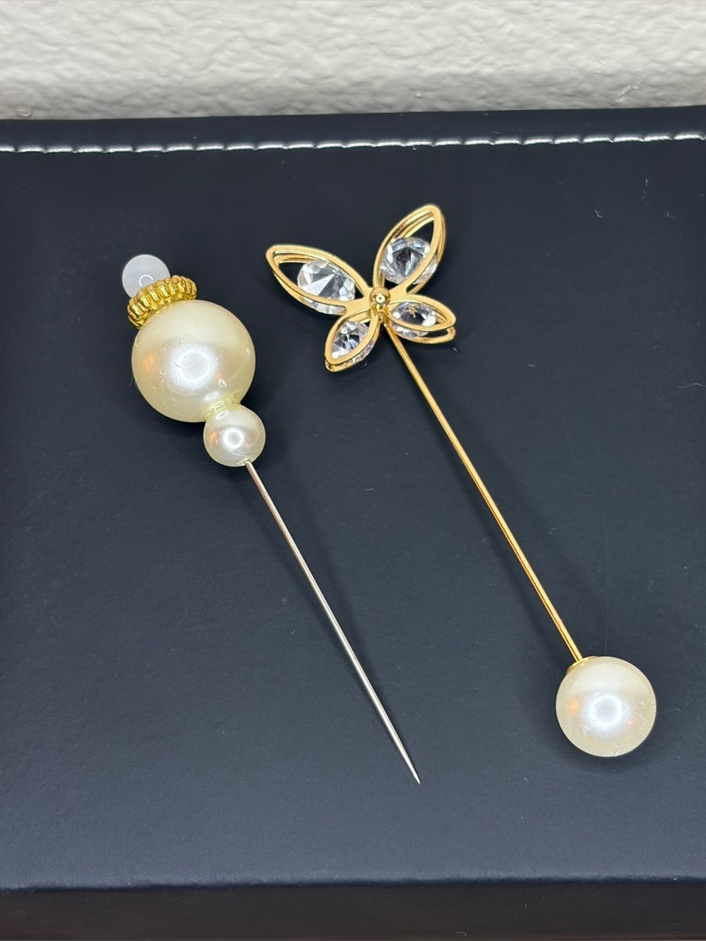 Vintage 80’s Faux Pearl & Rhinestone Stick Pins Butterfly Lapel Pin & Pearl Hat